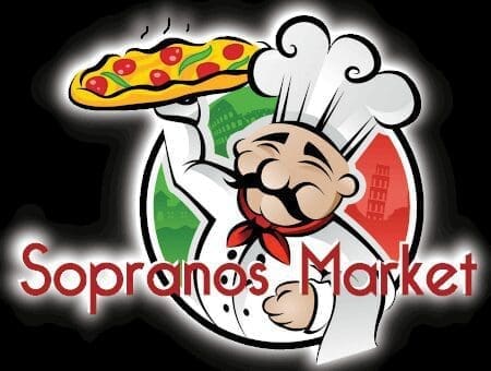 A chef holding a pizza in front of the words " sopranos market ".