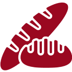 Icon of two stylized loaves of bread, one larger and partially overlapping the smaller one, depicted in a solid red color.
