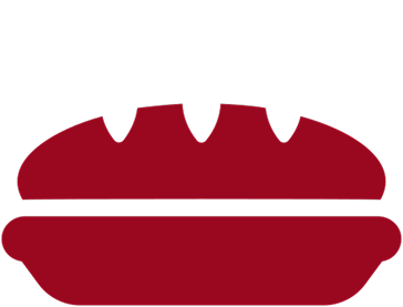 Simple red silhouette of a sandwich with a round top bun and a flat bottom bun.