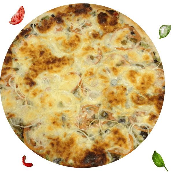 Group 1321315024 A pizza sitting on top of a green table.