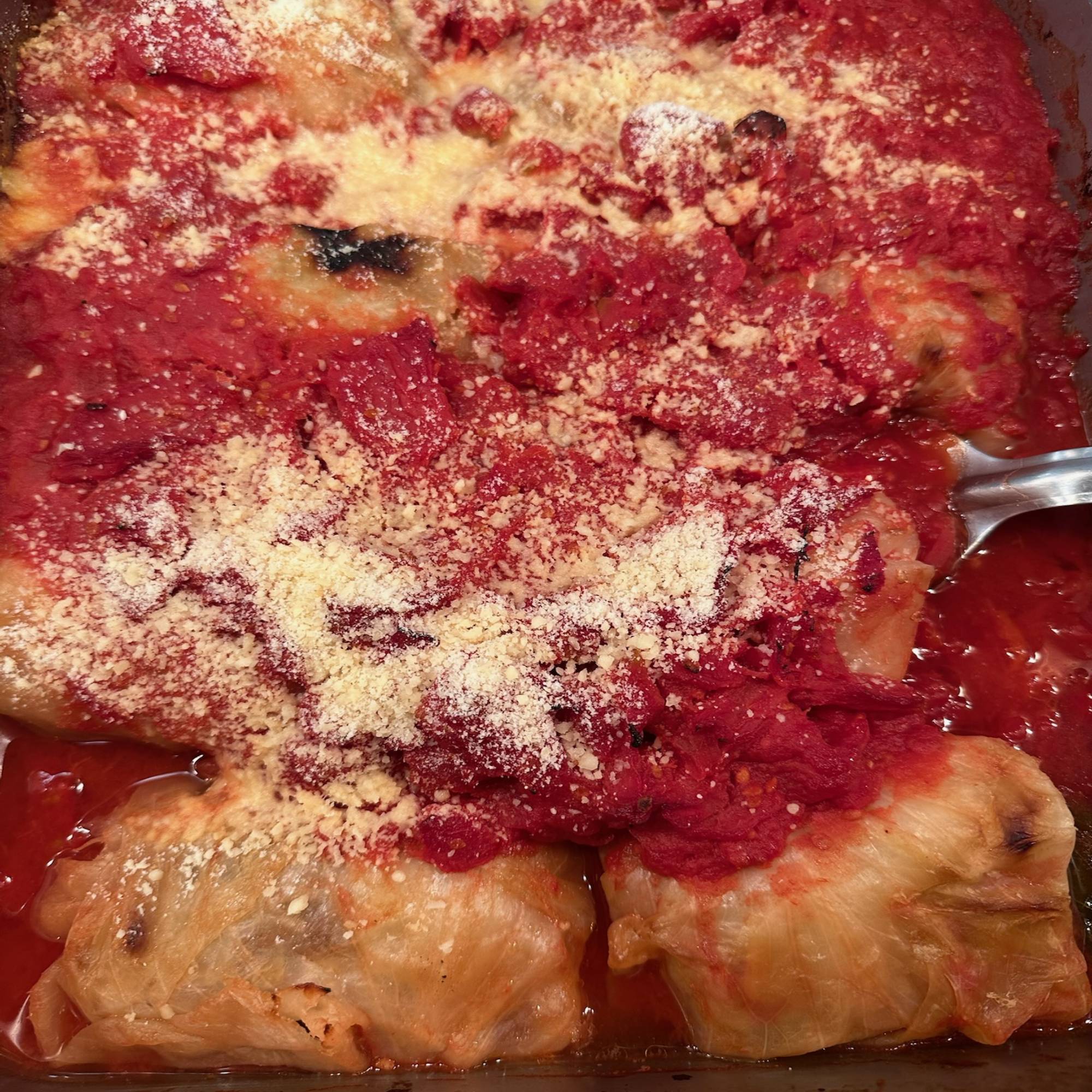 A close up of some food with sauce and cheese