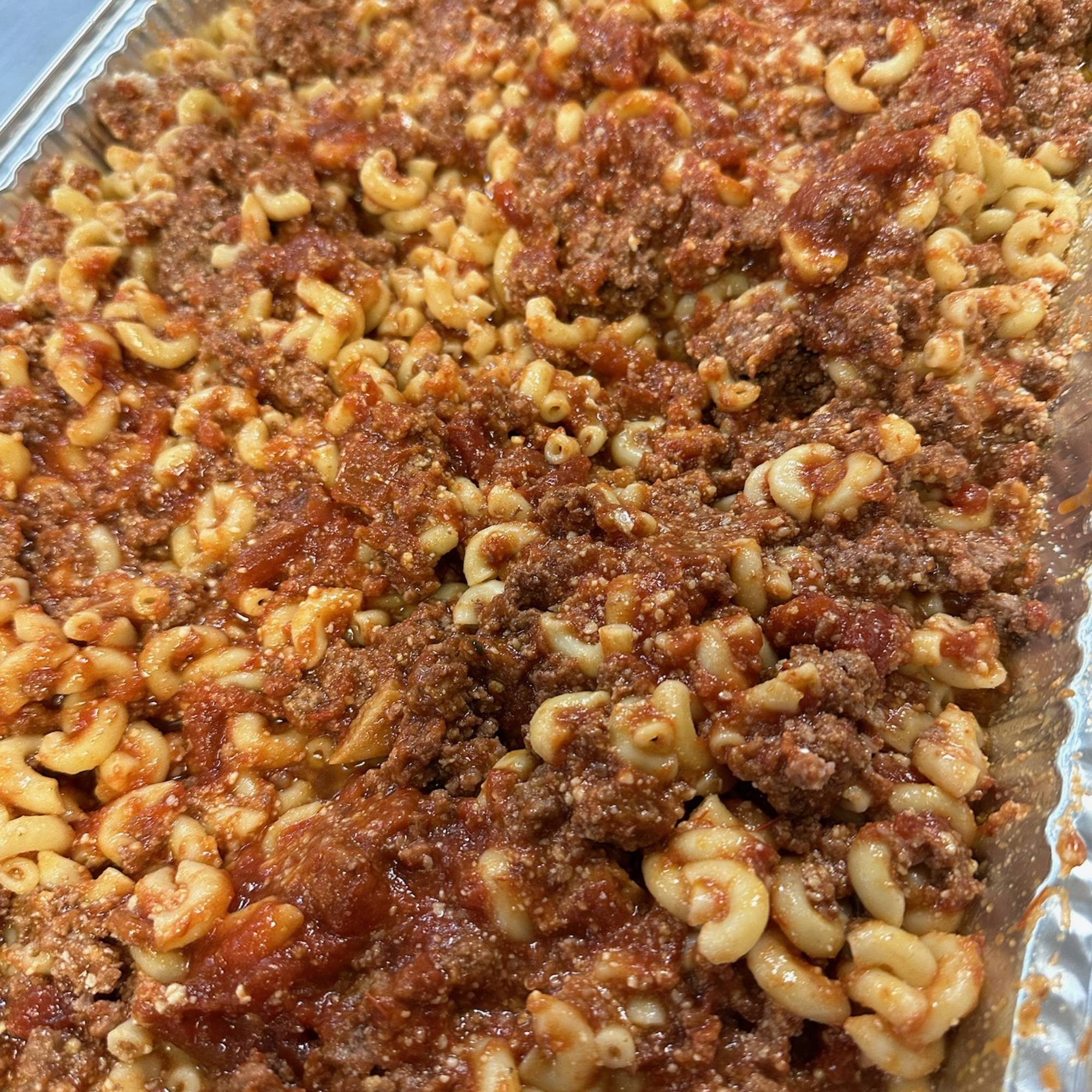 A close up of macaroni and ground beef
