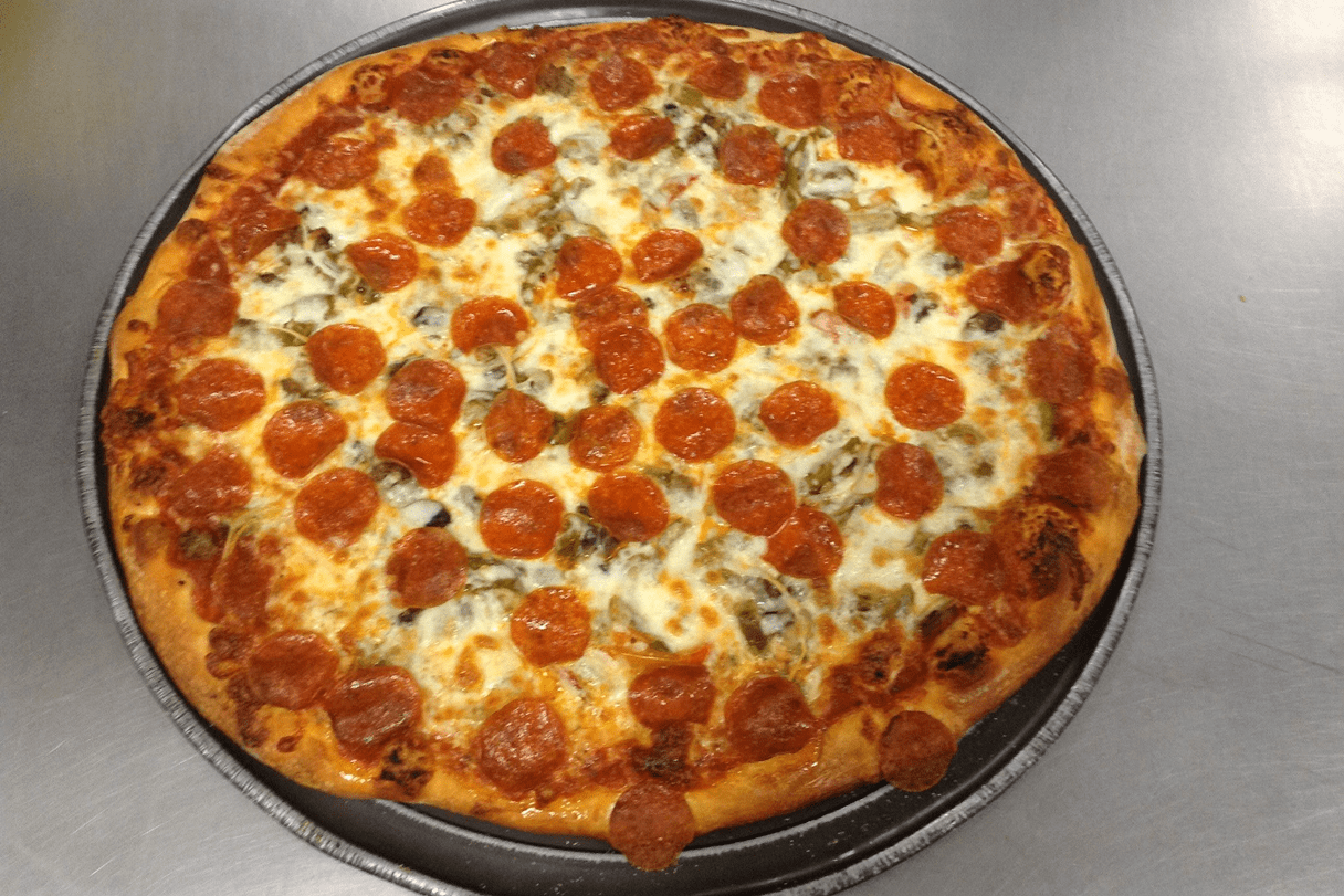 image 21 A pepperoni pizza sitting on top of a pan.